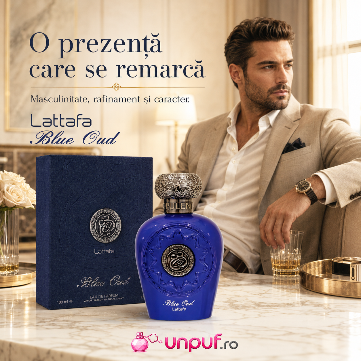 Lattafa Opulent Blue Oud parfum unisex Eau de Parfum 100 ml, aromă oriental lemnoasă, prezentare elegantă